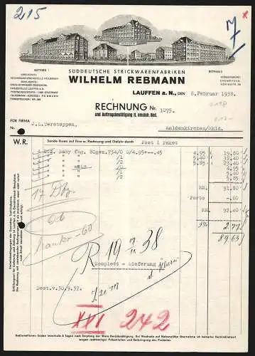 Rechnung Lauffen a. N. 1938, Wilhelm Rebmann, Strickwarenfabriken, Ansichten der Betrieb I, II und III