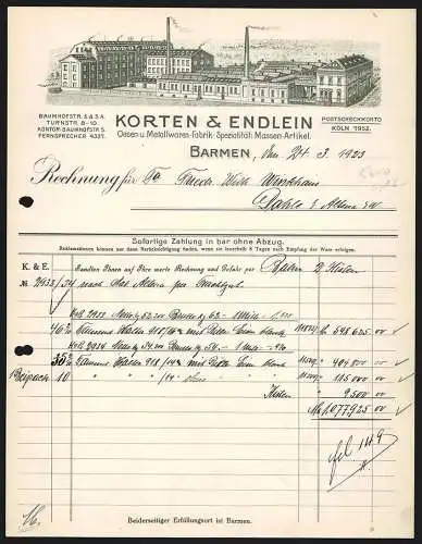 Rechnung Barmen 1923, Korten & Endlein, Oesen- und Metallwaren-Fabrik, Werksansicht an Turn- und Baumhofstrasse
