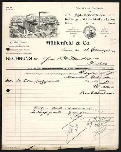 Rechnung Barmen 1920, Mühlenfeld & Co., Jagd-, Reise-Effekten, Reitzeug- und Geschirr-Fabrik, Werksansicht mit Eisenbahn