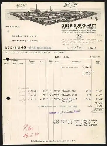 Rechnung Pfullingen 1940, Gebr. Burkhardt, Textil-Fabrikation, Modell einer grossen Fabrikanlage