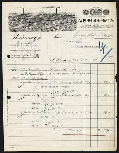 Rechnung Sontheim 1920, Zwirnerei Ackermann AG, Betriebsgelände nahe eines Flusses, Preis-Medaillen