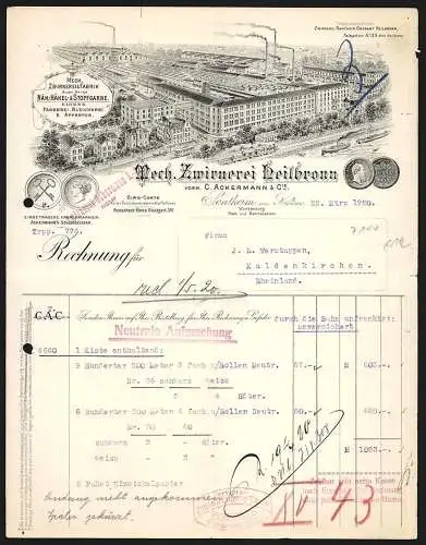 Rechnung Sontheim am Neckar 1920, Mech. Zwirnerei Heilbronn, Gesamtansicht der Fabrik am Fluss, Preis-Medaillen
