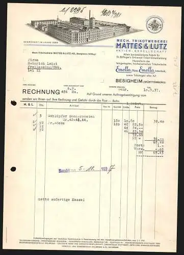 Rechnung Besigheim 1937, Mattes & Lutz AG, Mech. Trikotweberei, Modellansicht des Betriebsgeländes, Widder-Schutzmarke