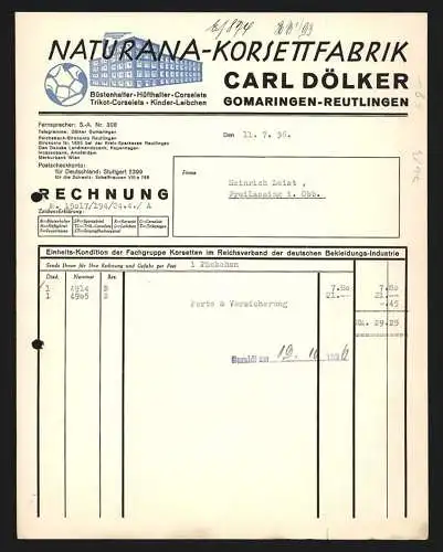 Rechnung Gomaringen-Reutlingen 1936, Carl Dölker, Naturana ...