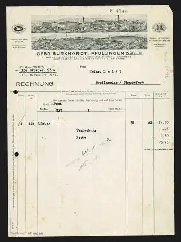 Rechnung Pfullingen 1931, Gebr. Burkhardt, Textil-Fabrikation, Gesamtansicht zweier Werke, Fabrik-Marken