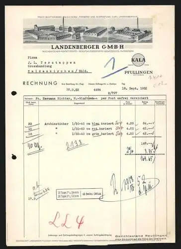 Rechnung Pfullingen 1952, Landenberger GmbH, Textil-Fabrik, Ansichten vom Hauptwerk und dem Werk in Mühlen