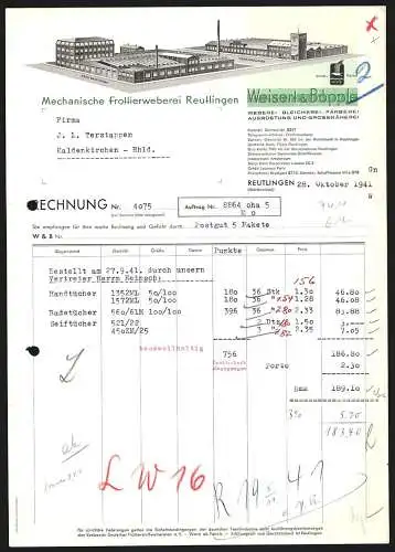 Rechnung Reutlingen 1941, Weisert & Böpple, Mechanische Frottierweberei, Hauptwerk und das Werk Pfullingen, Schutzmarke