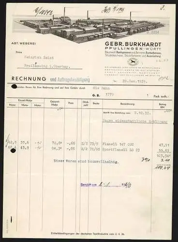 Rechnung Pfullingen 1939, Gebr. Burkhardt, Textil-Fabrikation, Modellansicht der Werkanlage, Fabrikmarke