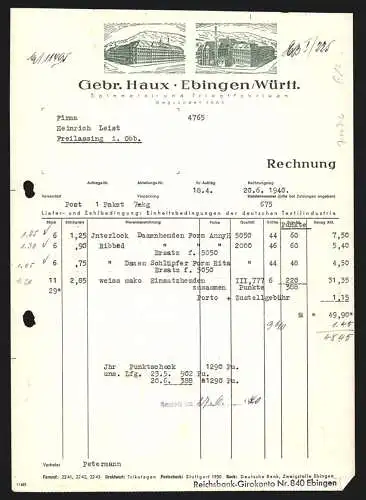 Rechnung Ebingen 1940, Gebr. Haux, Spinnerei- und Trikotfabriken, Ansichten zweier Werke gegen Hügel