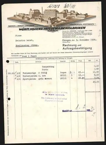 Rechnung Ebingen 1936, Württ. Hohenz. Tricotwarenfabriken GmbH, Hauptwerk und Werk in Strassberg
