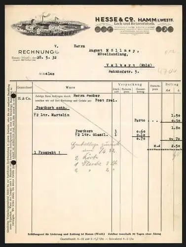 Rechnung Hamm 1932, Hesse & Co., Lack- und Beizenfabrik, Werksansicht und Auszeichnungen