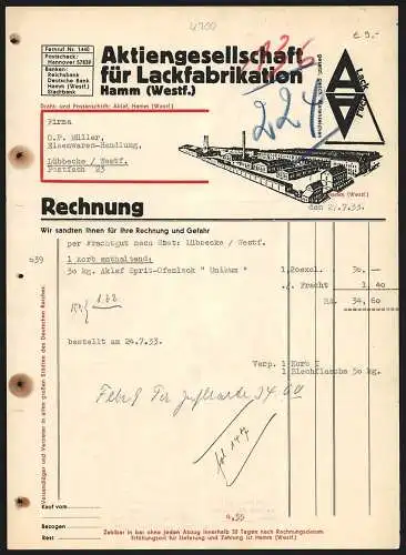 Rechnung Hamm 1933, AG für Lackfabrikation, Modellansicht der Fabrikanlage, Schutzmarke