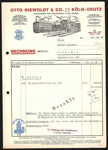 Rechnung Köln-Deutz 1951, Firma Otto Riewoldt & Co. GmbH, Betriebsanlage mit Reklame für Eigenmarke Orco-Kordel