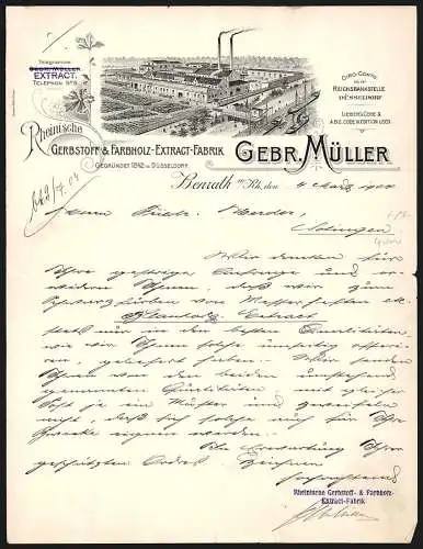 Rechnung Benrath a. Rh. 1904, Gebr. Müller, Rheinische Gerbstoff- & Farbholz-Extract-Fabrik, Betriebsanlage am Fluss