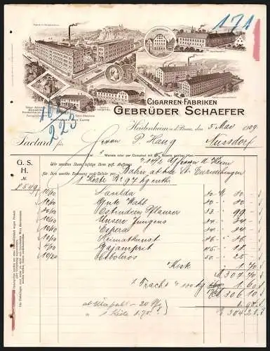Rechnung Heidenheim 1909, Gebrüder Schaefer, Cigarren-Fabriken, Hauptwerk und Aussenstellen, Stammhaus