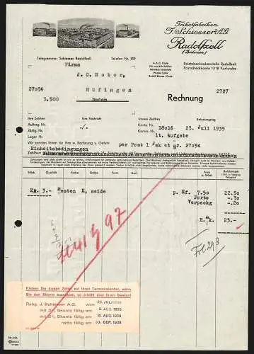 Rechnung Radolfzell 1935, J. Schiesser AG, Trikotfabriken, Hauptwerk und Aussenstellen in Stockach und Engen