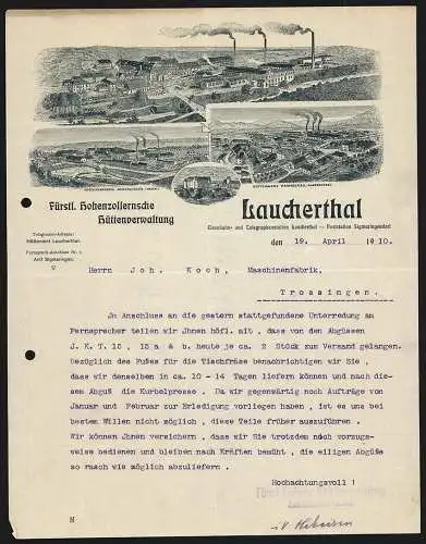 Rechnung Laucherthal 1910, Fürstl. Hohenzollernsche Hüttenverwaltung, Hauptwerk und Filialen in Immendingen & Hammerau