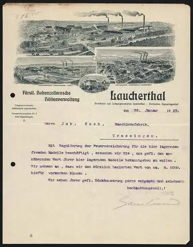 Rechnung Laucherthal 1910, Fürstl. Hohenzollernsche Hüttenverwaltung, Hauptbetrieb und Werke in Immendingen & Hammerau