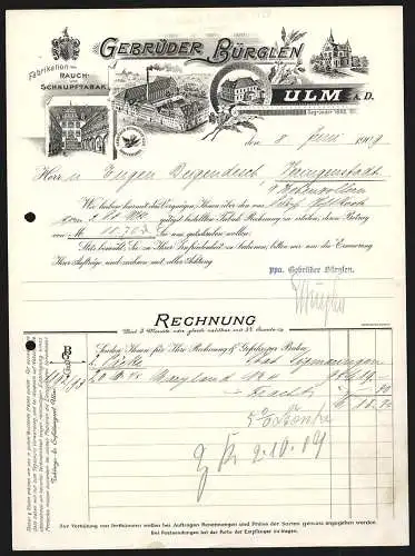 Rechnung Ulm a. D. 1909, Gebrüder Bürglen, Fabrikation von Rauch- und Schnupftabak, Fabrik, Innenhof und Stammhaus