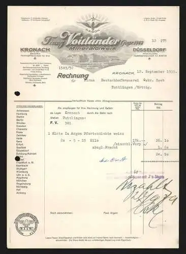 Rechnung Kronach 1939, Franz Voitländer, Mineralölwerk, Betriebsansicht und Schutzmarke Argon