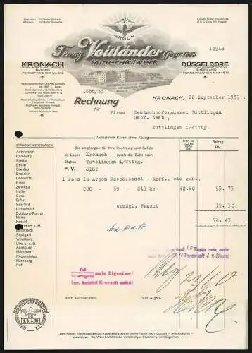 Rechnung Kronach 1939, Franz Voitländer, Mineralölwerk, Betriebsgelände und Schutzmarke Argon