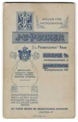 Fotografie J. E. Peuker, Krems a. D., königliches Wappen mit Monogramm des Fotografen, Verzierung