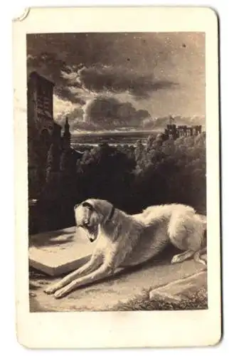 Fotografie unbekannter Fotograf und Ort, Gemälde: Treue, nach de Dreux, Windhund wartet auf sein Herrchen