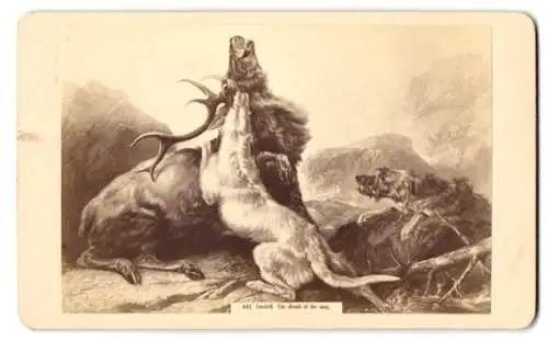 Fotografie unbekannter Fotograf und Ort, Gemälde: The death if the stag, nach Ansdell, Hunde reissen Hirsch, Jagdhunde