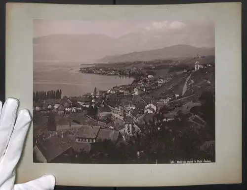 Fotografie Lichtdruck unbekannter Fotograf, Ansicht Montreux, depuis la Righi vaudois, Panorama mit Weinbergen