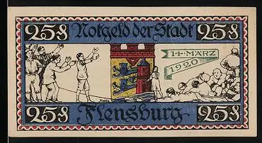 Notgeld Flensburg 1920, 25 Pfennig, Wappen, Bürger in historischer Szene