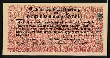 Notgeld Flensburg 1920, 25 Pfennig, Wappen, Bürger in historischer Szene
