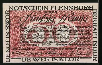 Notgeld Flensburg 1920, 50 Pfennig, Wappen, Bürger zwischen Deutschland und Dänemark