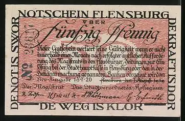 Notgeld Flensburg 1920, 50 Pfennig, Wappen, Bürger zwischen Deutschland und Dänemark