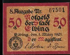 Notgeld Elbing 1921, 50 Pfennig, Wappen, Siegel