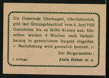 Notgeld Oberkappel 1920, 20 Heller, Ortsansicht, Ornamente