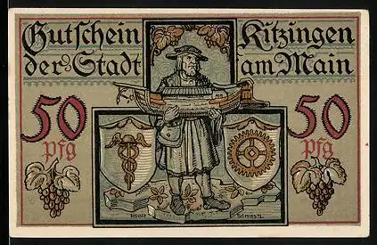 Notgeld Kitzingen /Main 1921, 50 Pfennig, Wappen, Figur mit Schiffsmodell