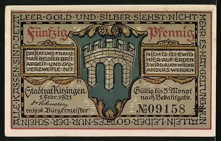 Notgeld Kitzingen /Main 1921, 50 Pfennig, Wappen, Figur mit Schiffsmodell
