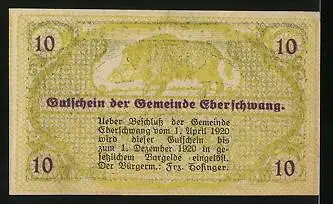 Notgeld Eberschwang 1920, 10 Heller, Wallfahrtskirche, Eber