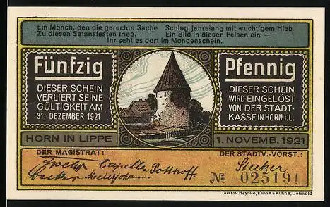 Notgeld Horn /Lippe 1921, 50 Pfennig, Ortspartie mit Turm, Mönch mit Reliefbild bei den Externsteinen