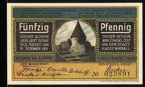 Notgeld Horn /Lippe 1921, 50 Pfennig, Ortspartie mit Turm, Externsteine, Wasserseite