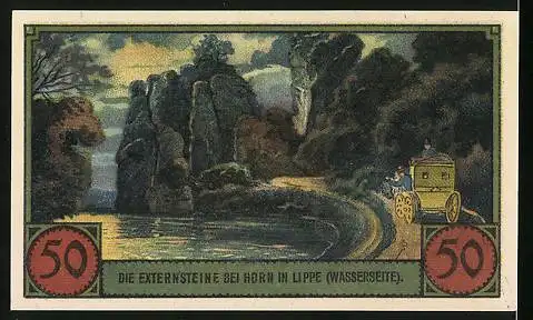 Notgeld Horn /Lippe 1921, 50 Pfennig, Ortspartie mit Turm, Externsteine, Wasserseite