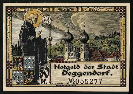Notgeld Deggendorf 1920, 50 Pfennig, Ortsansicht, Wappen, Mönch Utto