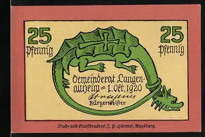 Notgeld Langenaltheim /Bay. 1920, 25 Pfennig, Drache, Fossil, Flugsaurier