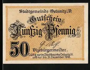 Notgeld Oelsnitz 1918, 50 Pfennig, Präge-Wappen