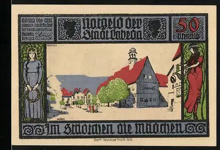 Notgeld Lobeda 1921, 50 Pfennig, Ortspartie, Frauenfiguren, Marienbild, Ritter, Ruine