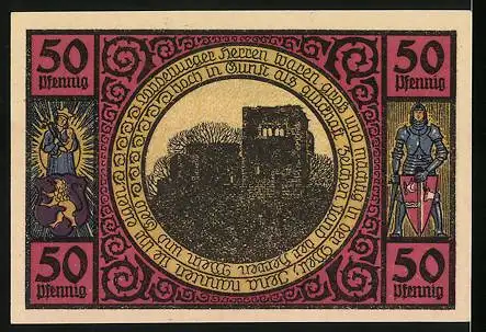 Notgeld Lobeda 1921, 50 Pfennig, Ortspartie, Frauenfiguren, Marienbild, Ritter, Ruine