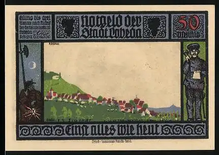 Notgeld Lobeda 1921, 50 Pfennig, Gesamtansicht, Nachtwächter, Marienbild, Ritter, Ruine