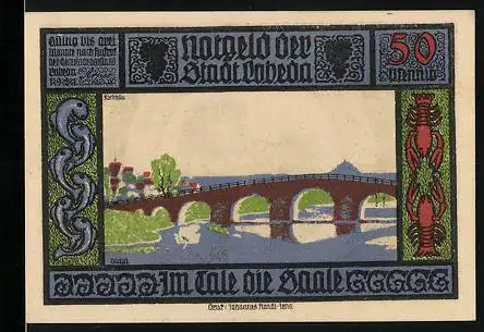 Notgeld Lobeda 1921, 50 Pfennig, Saalebrücke, Fische, Krebse, Ruine, Ritter, Maria mit Kind