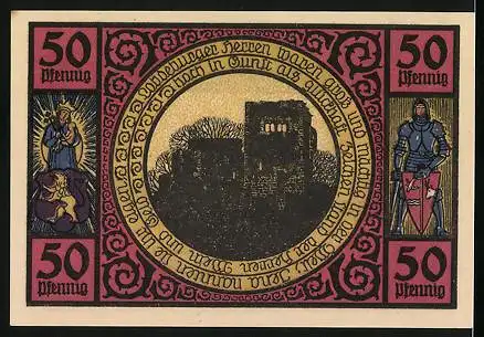 Notgeld Lobeda 1921, 50 Pfennig, Saalebrücke, Fische, Krebse, Ruine, Ritter, Maria mit Kind