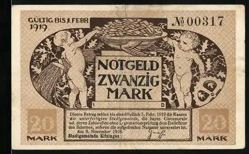 Notgeld Kitzingen 1918, 20 Mark, Kinderfiguren mit gefüllter Schale, Wappen